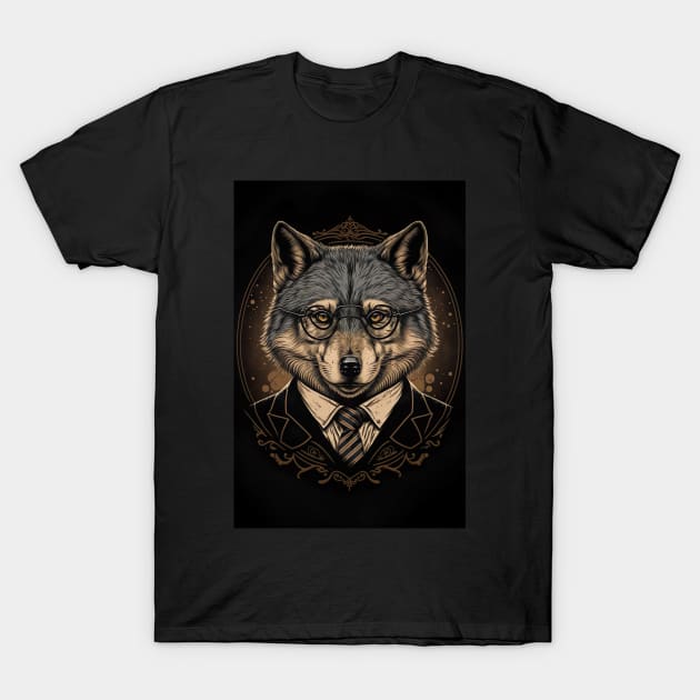 Handsome Wolf portrait with Glasses T-Shirt by KoolArtDistrict
